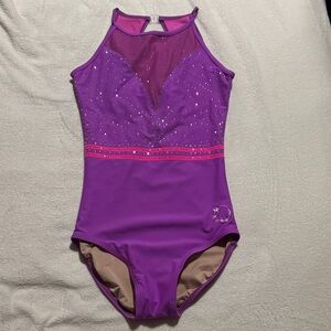 Purple Rhinestone Halter Leotard